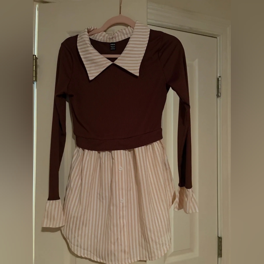 Striped Collar Shirt Dress in Brown and Cream